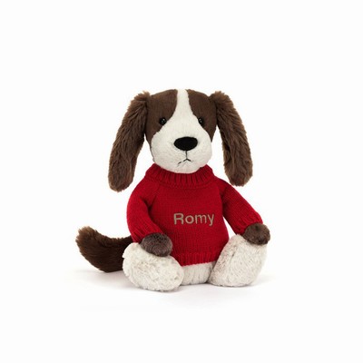 Jellycat Bashful Fudge Puppy with Red Jumper USA | 14803LQGB